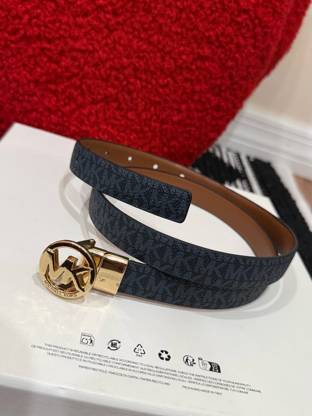 Michael Kors Reversible Dark Indigo MK Logo Brown Belt Gold Buckle